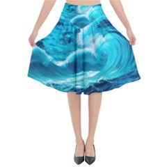 Ai Generated Waves Ocean Sea Tsunami Nautical Sea Flared Midi Skirt by uniart180623