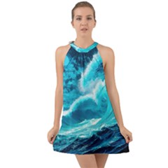 Ai Generated Waves Ocean Sea Tsunami Nautical Sea Halter Tie Back Chiffon Dress by uniart180623