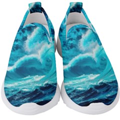 Ai Generated Waves Ocean Sea Tsunami Nautical Sea Kids  Slip On Sneakers by uniart180623