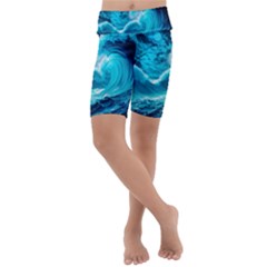 Ai Generated Waves Ocean Sea Tsunami Nautical Sea Kids  Lightweight Velour Cropped Yoga Leggings by uniart180623