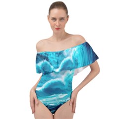 Ai Generated Waves Ocean Sea Tsunami Nautical Sea Off Shoulder Velour Bodysuit  by uniart180623