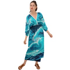 Ai Generated Waves Ocean Sea Tsunami Nautical Sea Grecian Style  Maxi Dress by uniart180623