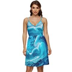 Ai Generated Waves Ocean Sea Tsunami Nautical Sea V-neck Pocket Summer Dress  by uniart180623