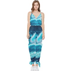 Ai Generated Waves Ocean Sea Tsunami Nautical Sea Sleeveless Tie Ankle Chiffon Jumpsuit