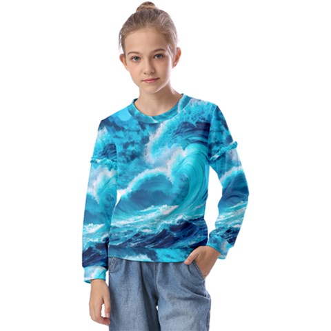 Ai Generated Waves Ocean Sea Tsunami Nautical Sea Kids  Long Sleeve Tee With Frill  by uniart180623