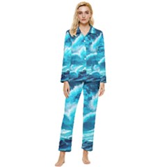 Ai Generated Waves Ocean Sea Tsunami Nautical Sea Womens  Long Sleeve Velvet Pocket Pajamas Set