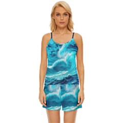 Ai Generated Waves Ocean Sea Tsunami Nautical Sea Satin Pajama Short Set by uniart180623