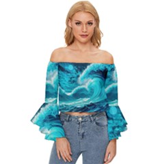 Ai Generated Waves Ocean Sea Tsunami Nautical Sea Off Shoulder Flutter Bell Sleeve Top by uniart180623