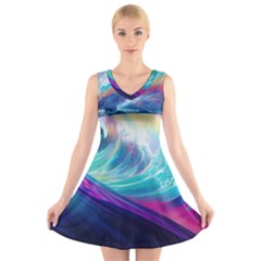 Waves Ocean Sea Tsunami Nautical Nature Water V-neck Sleeveless Dress by uniart180623