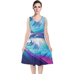 Waves Ocean Sea Tsunami Nautical Nature Water V-neck Midi Sleeveless Dress  by uniart180623