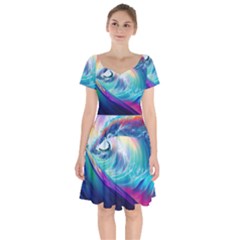 Waves Ocean Sea Tsunami Nautical Nature Water Short Sleeve Bardot Dress by uniart180623