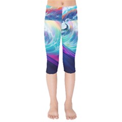 Waves Ocean Sea Tsunami Nautical Nature Water Kids  Capri Leggings  by uniart180623