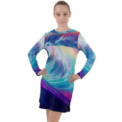 Waves Ocean Sea Tsunami Nautical Nature Water Long Sleeve Hoodie Dress by uniart180623