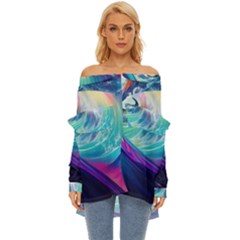 Waves Ocean Sea Tsunami Nautical Nature Water Off Shoulder Chiffon Pocket Shirt by uniart180623