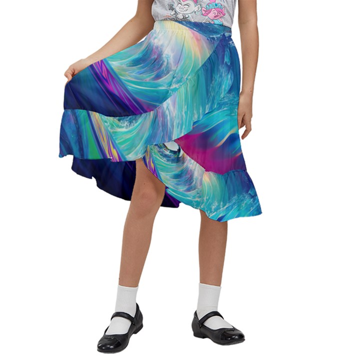 Waves Ocean Sea Tsunami Nautical Nature Water Kids  Ruffle Flared Wrap Midi Skirt