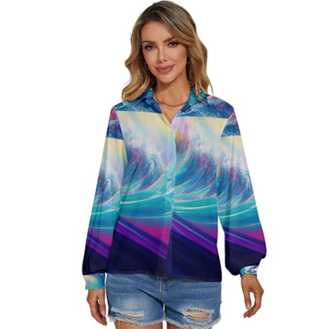 Waves Ocean Sea Tsunami Nautical Nature Water Women s Long Sleeve Button Up Shirt by uniart180623