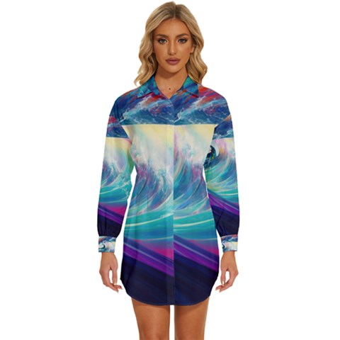 Waves Ocean Sea Tsunami Nautical Nature Water Womens Long Sleeve Shirt Dress by uniart180623