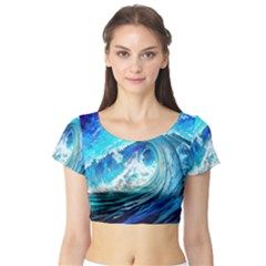 Tsunami Waves Ocean Sea Nautical Nature Water Painting Short Sleeve Crop Top by uniart180623