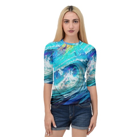 Tsunami Waves Ocean Sea Nautical Nature Water Painting Quarter Sleeve Raglan Tee by uniart180623