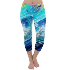 Tsunami Waves Ocean Sea Nautical Nature Water Painting Capri Winter Leggings 