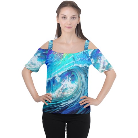 Tsunami Waves Ocean Sea Nautical Nature Water Painting Cutout Shoulder Tee by uniart180623