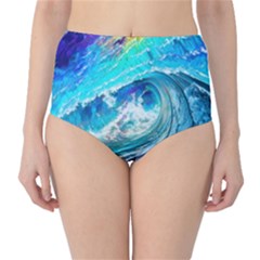 Tsunami Waves Ocean Sea Nautical Nature Water Painting Classic High-waist Bikini Bottoms by uniart180623