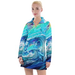 Tsunami Waves Ocean Sea Nautical Nature Water Painting Women s Long Sleeve Casual Dress by uniart180623