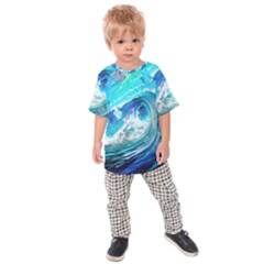 Tsunami Waves Ocean Sea Nautical Nature Water Painting Kids  Raglan Tee