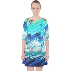 Tsunami Waves Ocean Sea Nautical Nature Water Painting Quarter Sleeve Pocket Dress by uniart180623