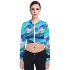 Tsunami Waves Ocean Sea Nautical Nature Water Painting Long Sleeve Zip Up Bomber Jacket by uniart180623