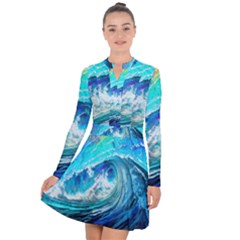 Tsunami Waves Ocean Sea Nautical Nature Water Painting Long Sleeve Panel Dress by uniart180623