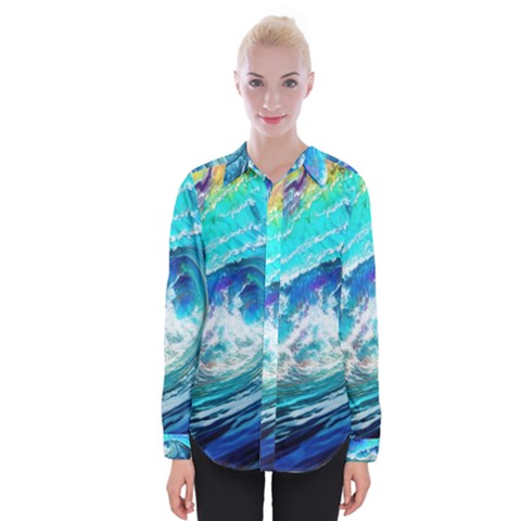 Tsunami Waves Ocean Sea Nautical Nature Water Painting Womens Long Sleeve Shirt by uniart180623