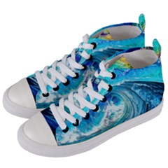 Tsunami Waves Ocean Sea Nautical Nature Water Painting Women s Mid-top Canvas Sneakers by uniart180623