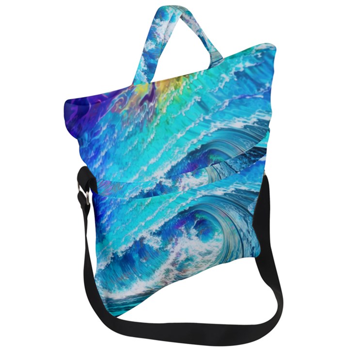 Tsunami Waves Ocean Sea Nautical Nature Water Painting Fold Over Handle Tote Bag