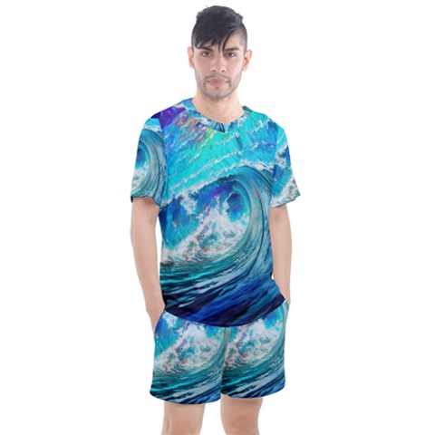 Tsunami Waves Ocean Sea Nautical Nature Water Painting Men s Mesh Tee And Shorts Set by uniart180623