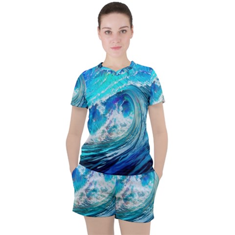 Tsunami Waves Ocean Sea Nautical Nature Water Painting Women s Tee And Shorts Set by uniart180623