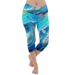 Tsunami Waves Ocean Sea Nautical Nature Water Painting Lightweight Velour Capri Yoga Leggings by uniart180623