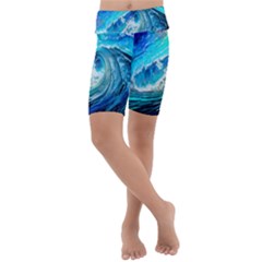 Tsunami Waves Ocean Sea Nautical Nature Water Painting Kids  Lightweight Velour Cropped Yoga Leggings by uniart180623