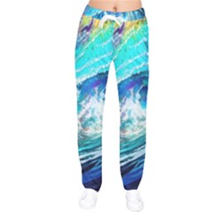 Tsunami Waves Ocean Sea Nautical Nature Water Painting Women Velvet Drawstring Pants by uniart180623