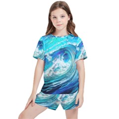 Tsunami Waves Ocean Sea Nautical Nature Water Painting Kids  Tee And Sports Shorts Set by uniart180623