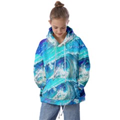 Tsunami Waves Ocean Sea Nautical Nature Water Painting Kids  Oversized Hoodie by uniart180623