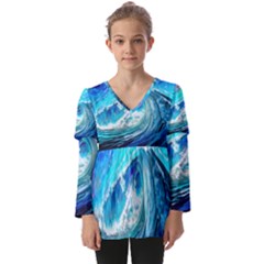 Tsunami Waves Ocean Sea Nautical Nature Water Painting Kids  V Neck Casual Top by uniart180623