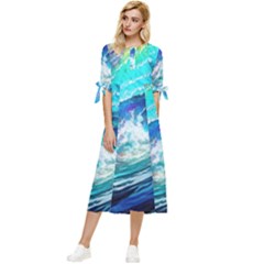 Tsunami Waves Ocean Sea Nautical Nature Water Painting Bow Sleeve Chiffon Midi Dress by uniart180623