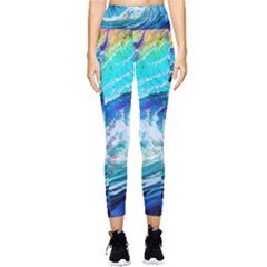 Tsunami Waves Ocean Sea Nautical Nature Water Painting Pocket Leggings  by uniart180623