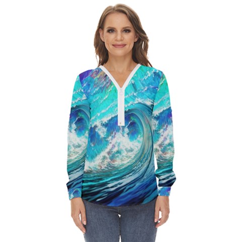 Tsunami Waves Ocean Sea Nautical Nature Water Painting Zip Up Long Sleeve Blouse by uniart180623