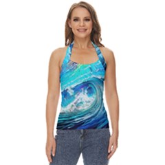 Tsunami Waves Ocean Sea Nautical Nature Water Painting Basic Halter Top by uniart180623