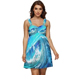 Tsunami Waves Ocean Sea Nautical Nature Water Painting Ruffle Strap Babydoll Chiffon Dress by uniart180623