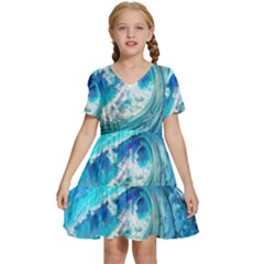 Tsunami Waves Ocean Sea Nautical Nature Water Painting Kids  Short Sleeve Tiered Mini Dress by uniart180623