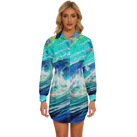 Tsunami Waves Ocean Sea Nautical Nature Water Painting Womens Long Sleeve Shirt Dress by uniart180623