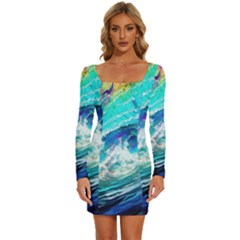 Tsunami Waves Ocean Sea Nautical Nature Water Painting Long Sleeve Square Neck Bodycon Velvet Dress by uniart180623